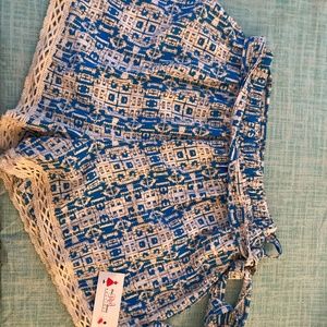 Blue & White Ruffle Trim Shorts